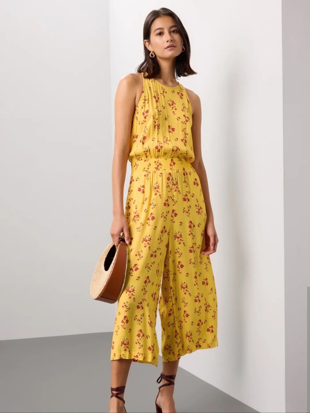 THAKOON Yellow Floral Sleeveless Back Button Closure Wide Leg Jumpsuit Size 6